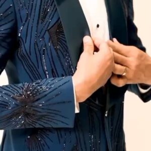 "Midnight blue tuxedo jacket with black sequin embroidery"