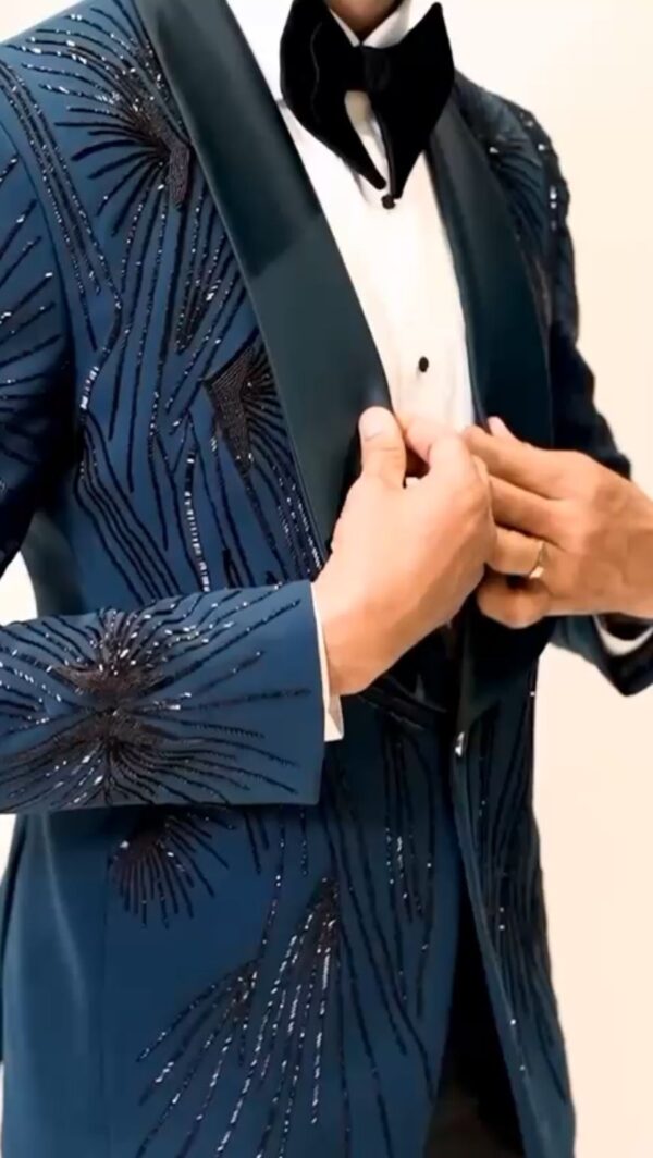 "Midnight blue tuxedo jacket with black sequin embroidery"